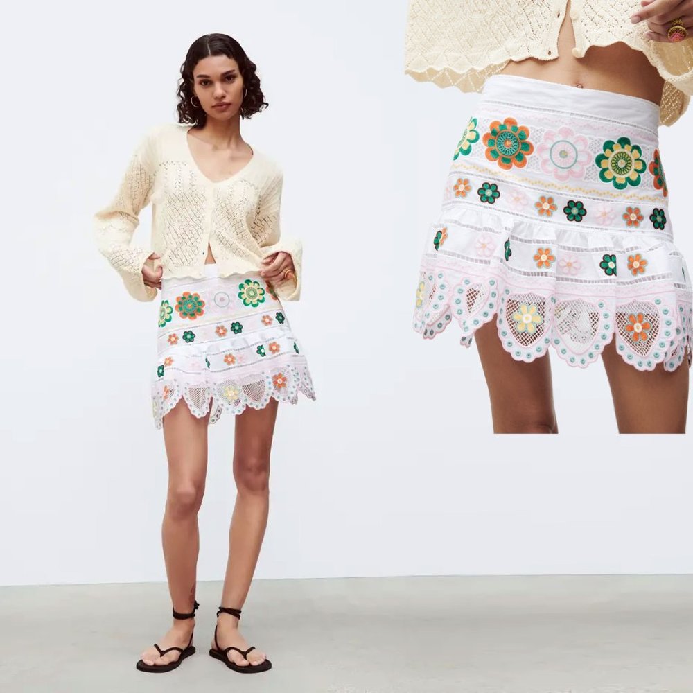 Zara White Mini Skirt with Green & Orange Floral Embroidery